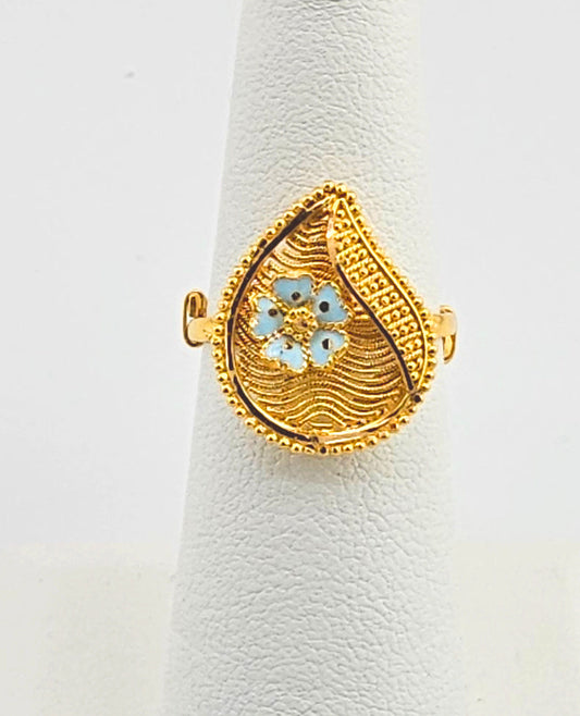 21K Ladies Adjustable Teardrop w/ Blue Flower Ring