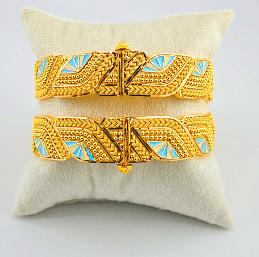 21K Intricate Light Blue & White Screw Bangles
