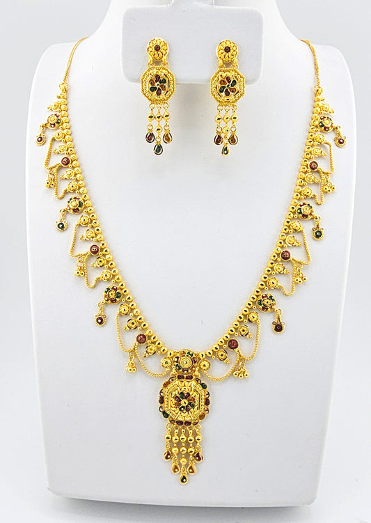 21k India Style 4 Pieces, Red & Meena Dangling Necklace Set