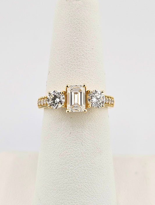 14k Yellow Gold 2 Carat 3-Stone Emerald & Round Lab Diamond Wedding Ring