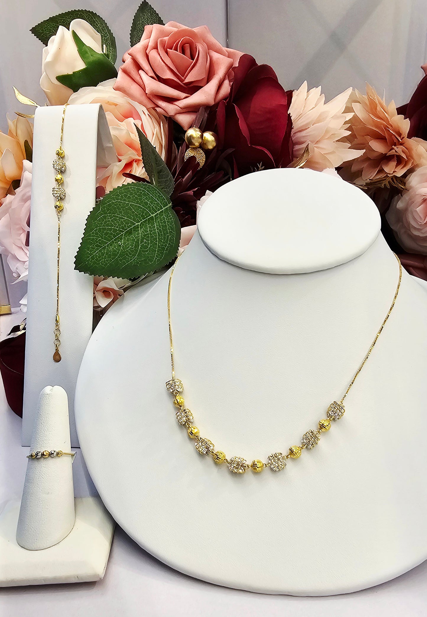 21K Modern Two Tone Unique Beads 3Pc Necklace Set